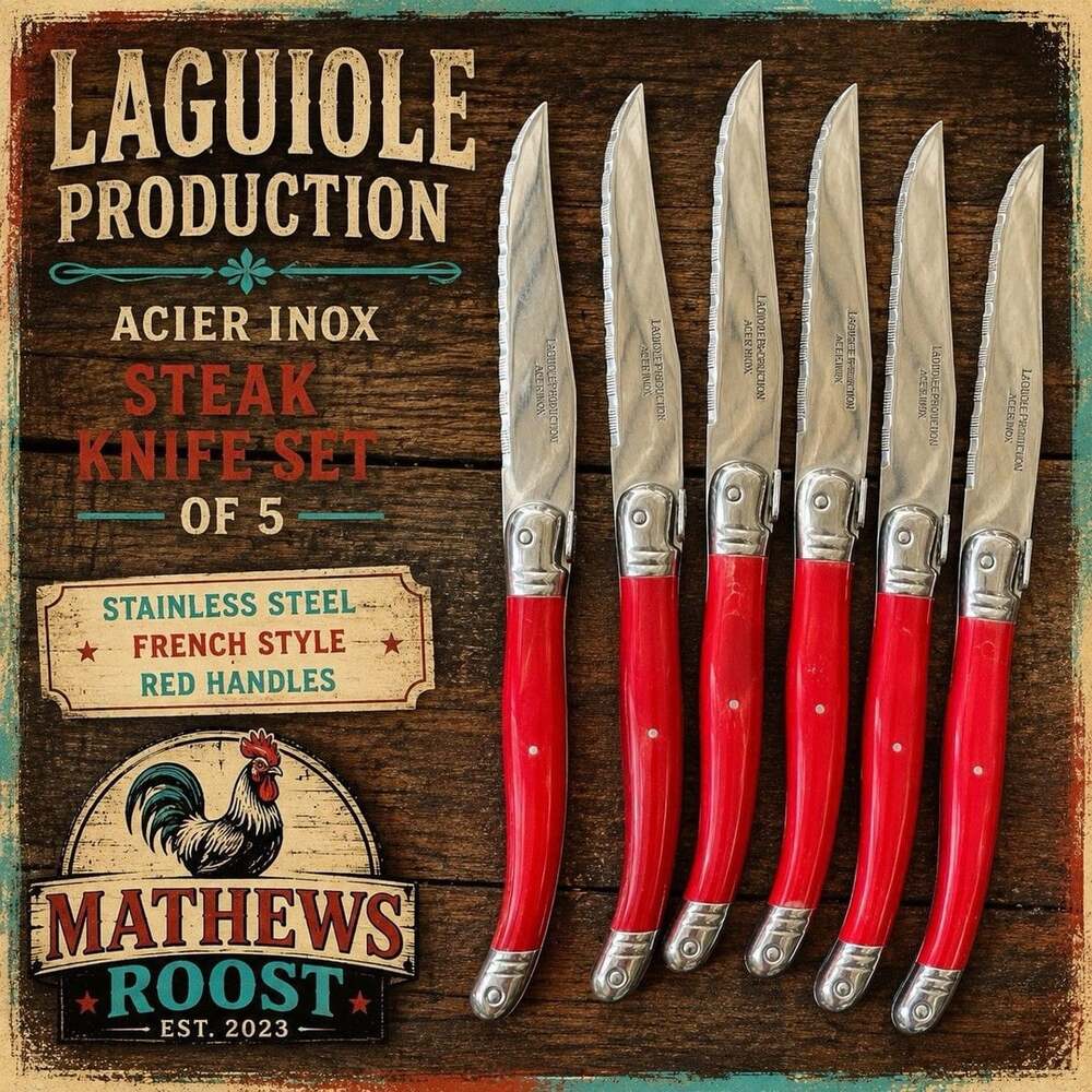 Laguiole Production Acier Inox Red Steak Knife Set of 5 Stainless France Style